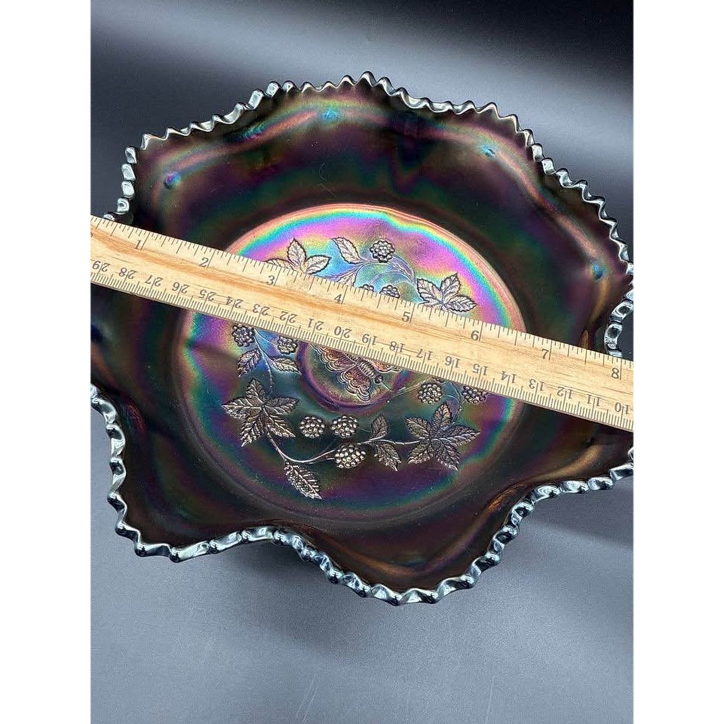 Fenton Blue Carnival Glass Butterfly And Berry Footed Bowl