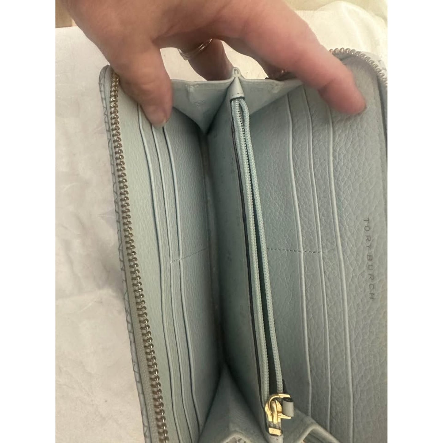Pre-loved Tory Burch Pale Blue Pebbled Leather Continental Wallet. B-302