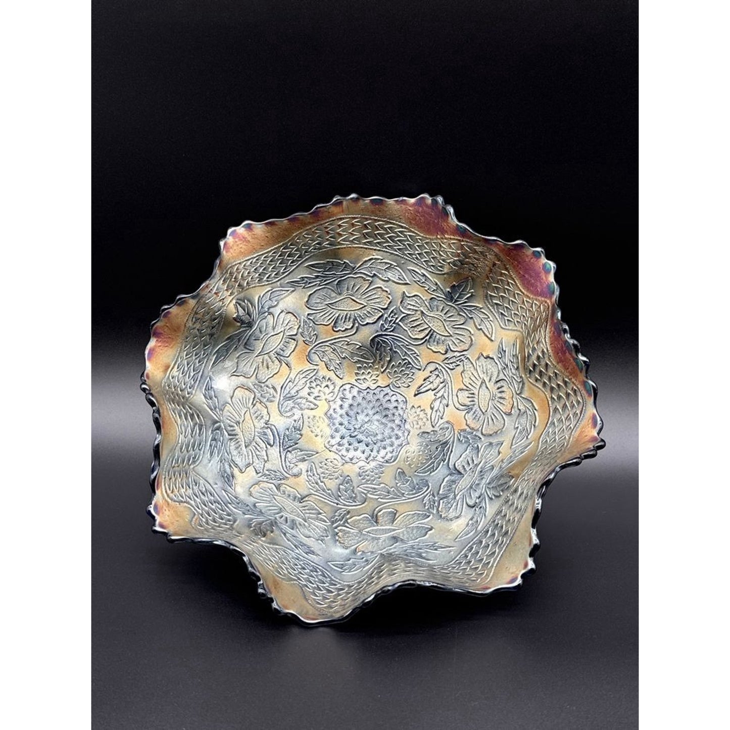 Iridescent Carnival Glass Floral Ruffled Rim Round Decorative Bowl 11 in
