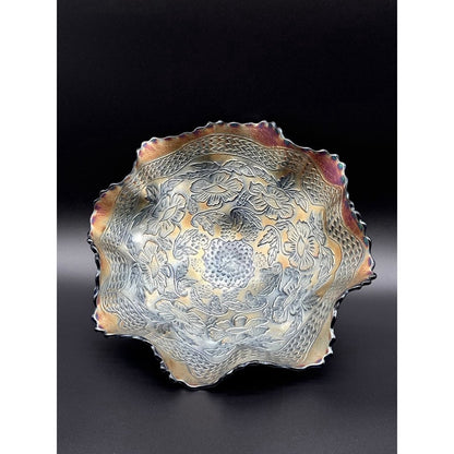 Iridescent Carnival Glass Floral Ruffled Rim Round Decorative Bowl 11 in