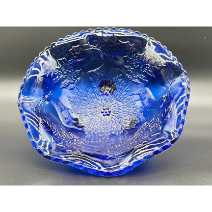 Vintage Fenton Cobalt Blue Stag and Holly 3-Footed Bowl