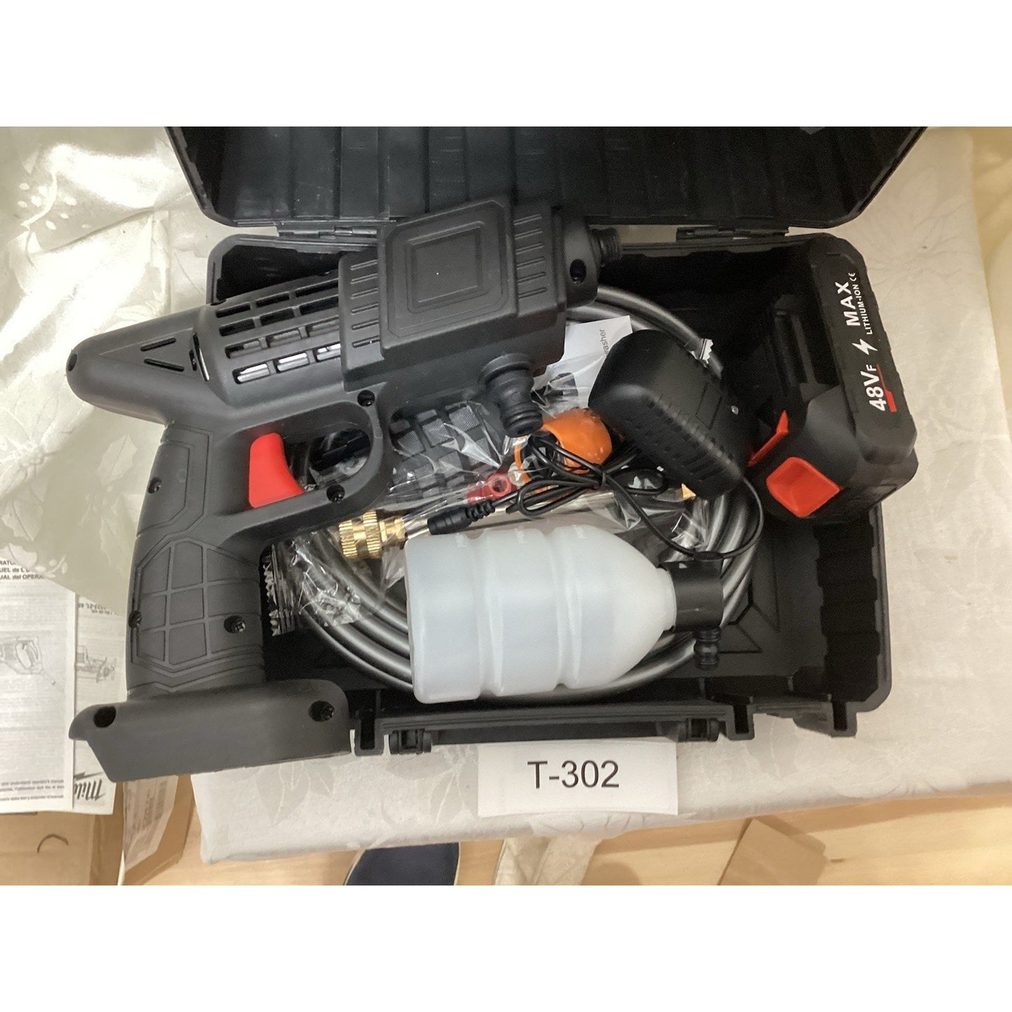 T-302 48V Cordless Cold Water Pressure Washer Kit with Gun, Battery, Soap Tank