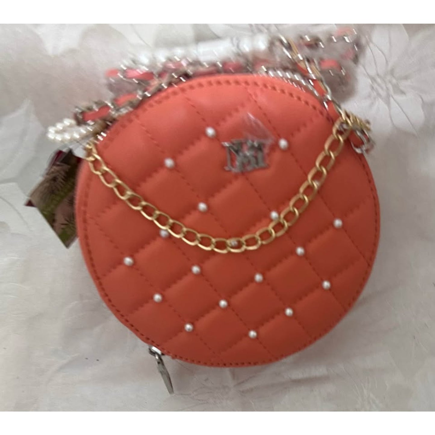 BADGLEY MISCHKA Coral Quilted RD Crossbody w/ Pearls. B161-