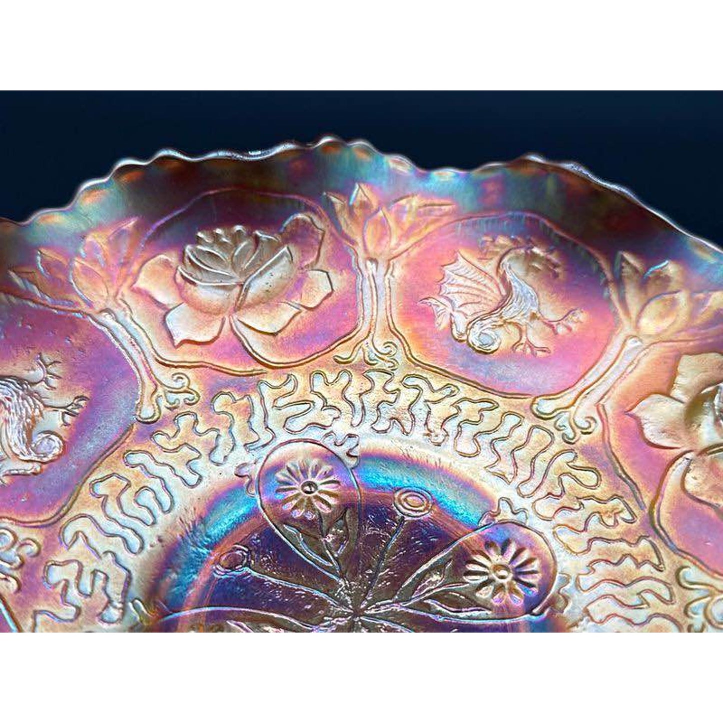 Vintage Fenton Marigold Carnival Glass Bowl with Lotus and Dragons