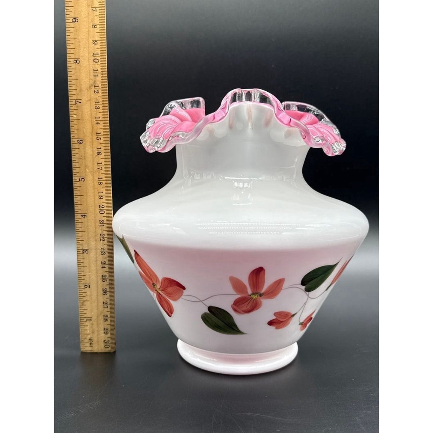 Art Glass Vase White Pink Ruffled Rim Hand Painted Floral Design Decorative 8in