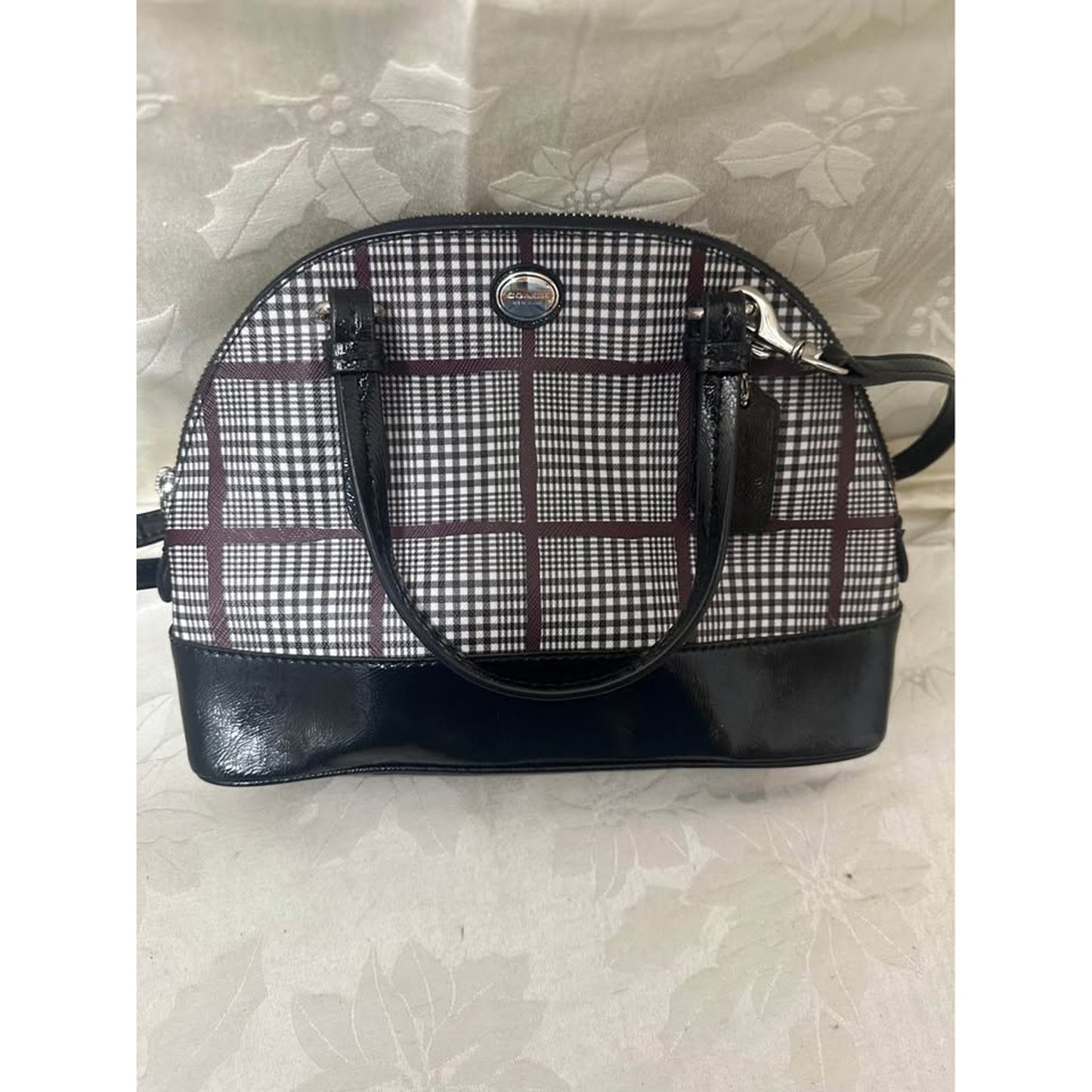 Pre-loved Coach Plaid Dome Satchel Handbag Pat Leather B-314