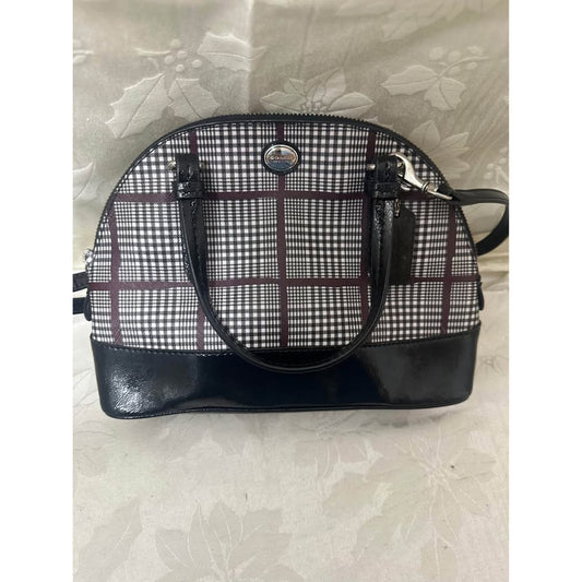 Pre-loved Coach Plaid Dome Satchel Handbag Pat Leather B-314