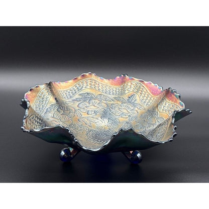 Iridescent Carnival Glass Floral Ruffled Rim Round Decorative Bowl 11 in