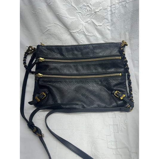 Pre-loved Elliott Lucca Black Crossbody Bag with Multiple Zippers leather. B-224