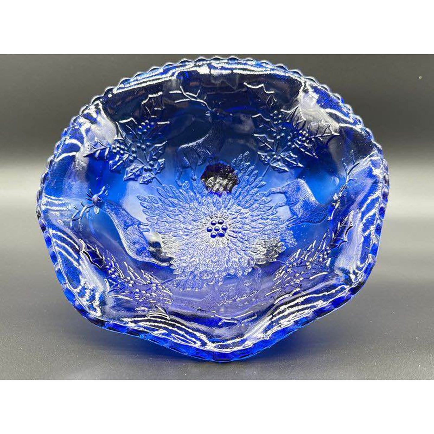 Vintage Fenton Cobalt Blue Stag and Holly 3-Footed Bowl