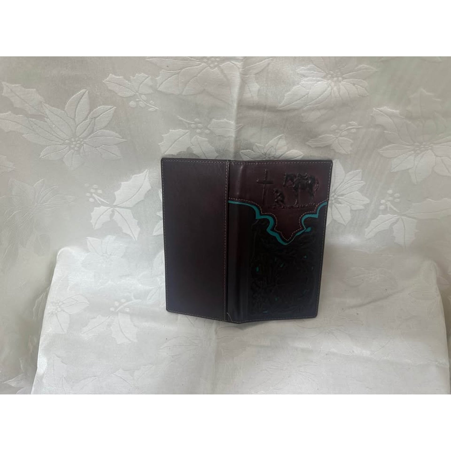 Mens Leather Cowboy Bifold Wallet DR Coffee. PRAYING COWBOY